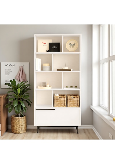 Robin Home Kitaplık Raf Metal Ayaklı 176cm Kapaklı Beyaz Beyaz