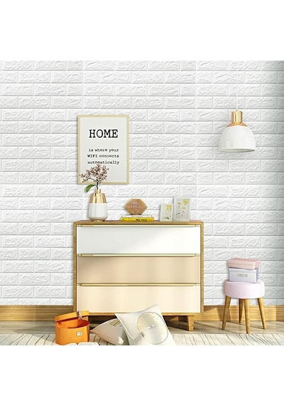 70x77 Cm 6 Adet Ekoslim 2mm Kendinden Yapışkanlı Sünger Beyaz Tuğla Duvar Paneli Kağıdı