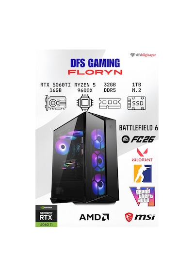 MSI DFS Gaming FLORYN R5-9600X 16 GB 32 GB 1 TB M.2 SSD RTX5060Ti Free Dos Masaüstü Oyuncu Bilgisayarı