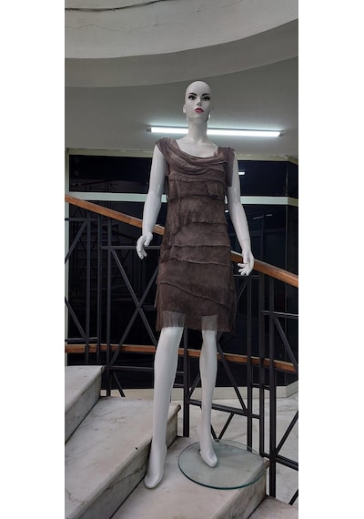 Bohem Stil Kat Kat Taşlanmış Mini İpek Elbise Kahverengi