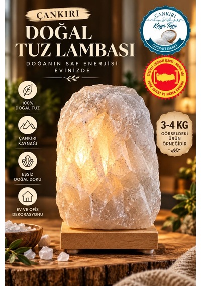 Çankırı 3-4 Kg Gri Doğal Kaya Tuzu Lambası Ahşap Kaideli Dekoratif Lamba