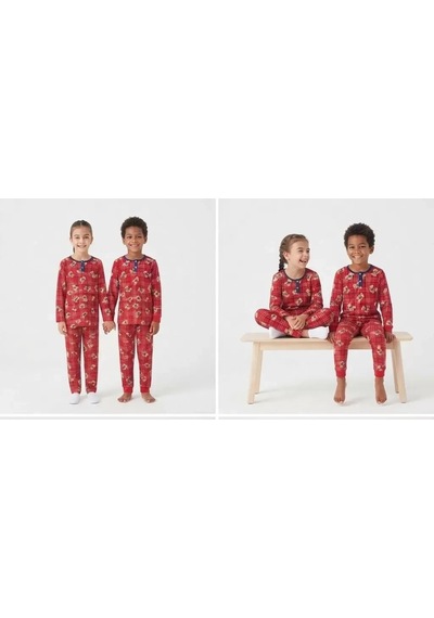 Veraura Lifestyle 6/14 Yaş Ekose Ayıcık Baskılı Pamuk Penye Çocuk Pijama Takımı Kırmızı