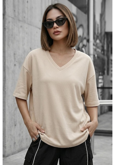 Zey Oversize V Yaka Basic Kadın Tişört - Düşük Omuzlu Salaş Kesim Taş Rengi