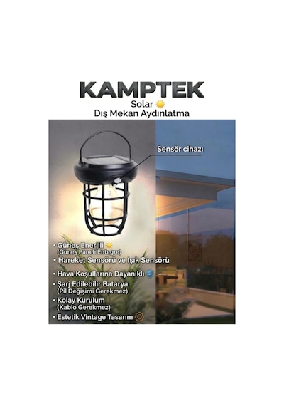 Kamptek Güneş Enerjili Solar Kamp Dış Mekan Bahçe Kapı Feneri - Askılı Nostaljik Filaman Led Kamp Lambası Siyah