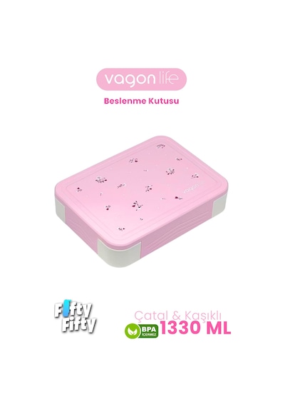 1330 Ml Tek Kat 6 Bölme Çocuk Beslenme Kutusu Çatal / Kaşık / Sos Kaseli -ffb1265 Pembe