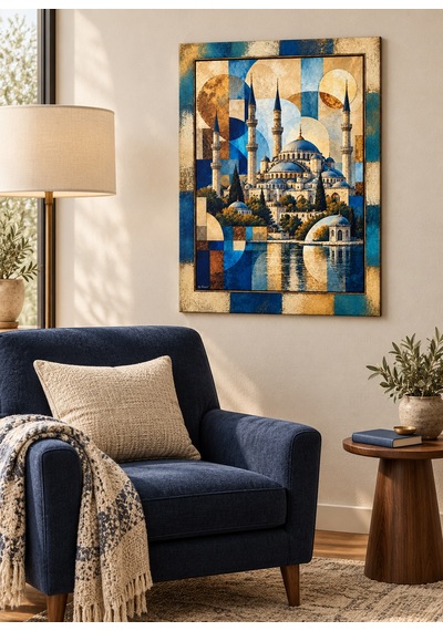 Geometrik Şekil Desenli Cami Ve Göl Detaylı Dekoratif Ahşap Tablo 52x72 Cm