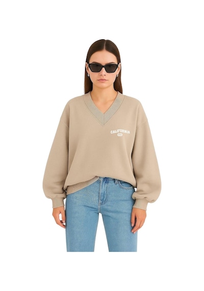 Benroma Calıfornıa Baskılı Ünisex V Yaka Sweatshirt Bej