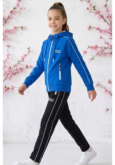 Pina Kids Kız Çocuk Unlimited Şeritli Kapüşonlu Düz Paça Reglan Kol Dalgıç Kumaş Eşofman Takımı Esf7013 Mavi