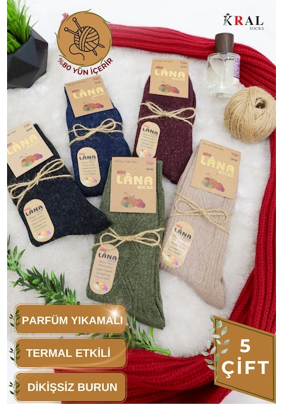 Kral Socks Çorap 5 Çift Kışlık Yün Çorap Lambswool Özel Kuzu Yünlü Kadınlar Için Termal Özellikli ASORTİ