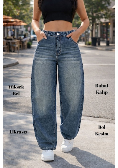 Cedy Denim Cedy Denım Yüksek Kalite Kadın Yüksek Bel Baggy Skater Jean Mavi