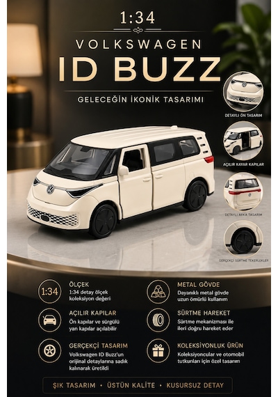 Volkswagen Id Buzz 1:34 Beyaz Metal Diecast Çek Bırak Model Araba Çok Renkli