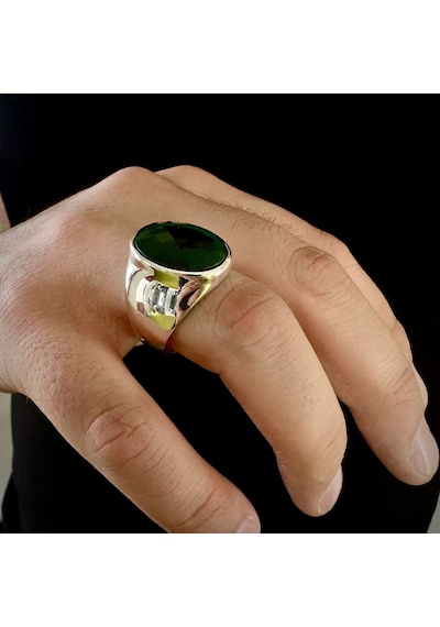 Modasilvers 925 Ayar Gümüş Oval Fasetli Yeşil Zirkon Taşlı Sade Tasarım Erkek Yüzük Gümüş