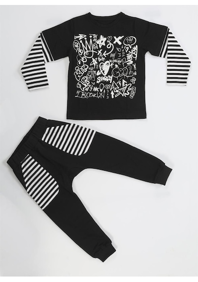 Casabony Grafiti Erkek Çocuk Pantolon + T-shirt Takım-siyah Siyah