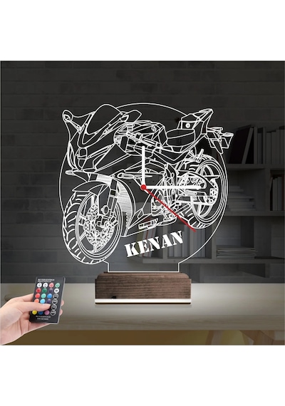 Luvivia Motorsiklet Motor V2 Kişiye Özel Saatli 3d Lamba - Masa Gece Lambası Şeffaf