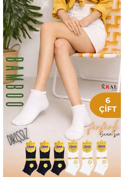 Kral Socks Kadın Bambu Çorap 6 Çift Fırfırlı Patik Kadın Çorap Siyah Beyaz