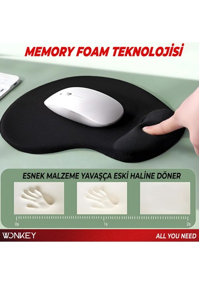 Wonkey - Bilek Destekli Mouse Pad, Memory Foam Hafızalı Süngerli Ergonomik Fare Altlığı, Kaymaz Tabanlı Mousepad, Ofis, Bilgisayar Ve Laptop Kullanımına Uygun Masa Pedi Siyah