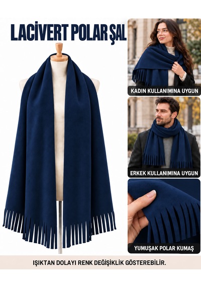 Bigohobi Unisex Polar Şal, Kadın Ve Erkek Kışlık Püsküllü Yumuşak Polar Kumaş Şal Lacivert