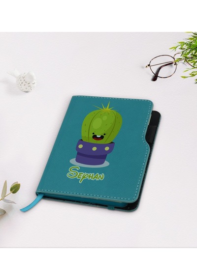 Kişiye Özel Kaktüs Tasarımlı Turkuaz Termo Deri Defter-10 Yeşil