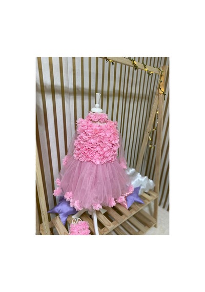 Hayy Baby Kids Wear Kız Bebek Pembe Şifon Çiçekli Kabarık Elbise