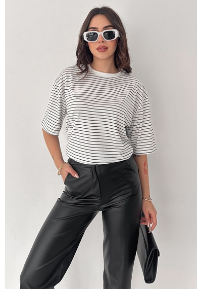 Noa & Noa Kadın Oversize Çizgili Tişört Monochrome Ease Beyaz