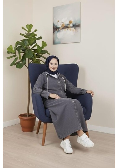 Hb Harma Time Butik Kadın Cepli Düğmeli Kapüşonlu Denim Koyu Gri Trençkot