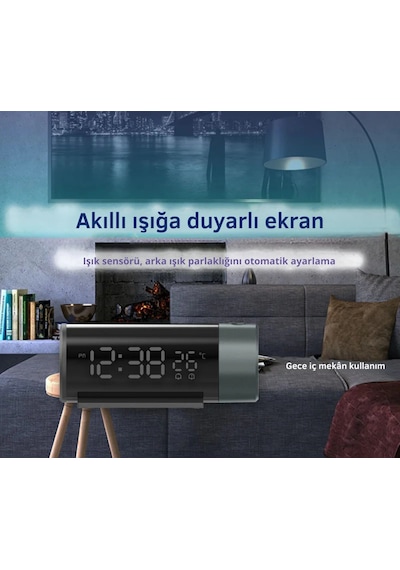 Shopytech Projeksiyonlu Dijital Çalar Saat Çift Alarm Termometre 180 Döner Kırmızı Projeksiyon Otom Siyah