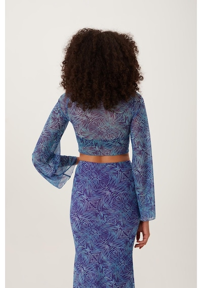 Quhox Kadın Ön Astarlı Mesh Crop Bluz Mavi