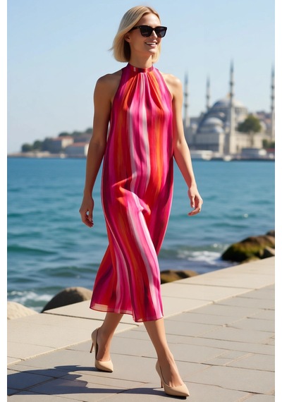 Benerly Kadın Kolsuz Halter Yaka Şifon Maxi Elbise Soyut Desen Astarlı Dü Pembe