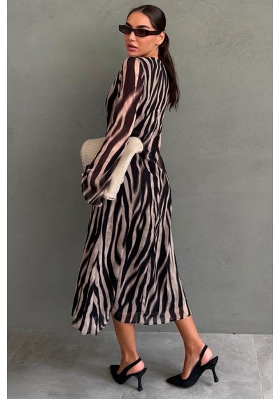 Madmext Bej Zebra Desenli Şifon Midi Elbise Mg2854