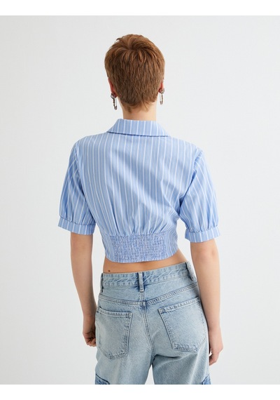 Koton Crop Balon Kol Gömlek Slim Fit Pamuklu Mavi Çizgili 4sal60038ıw 4SAL60038IW6S2 Mavi