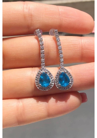 Niki Aksesuar Diamond Model Turkuaz Damla Taşlı Küpe Turkuaz