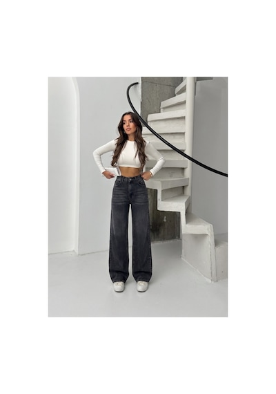 Bluemarlin Siyah İşlemli Yüksek Bel Straight Denim Pantolon Siyah İşlemli