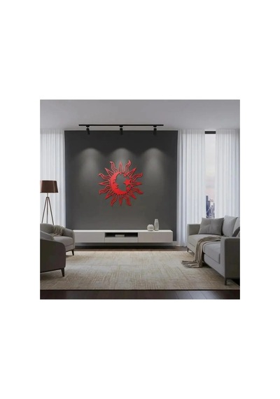 Mistik Kozmos Güneş Ve Ay Metal Duvar Dekoru - Metal Duvar Sanatı - Kırmızı - 48 X 50 Cm