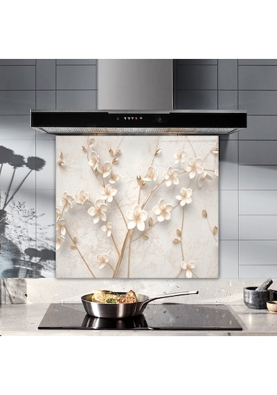 Decorita Cam Ocak Arkası Koruyucu| Beyaz Çiçek-Gold | 52cm x 60cm