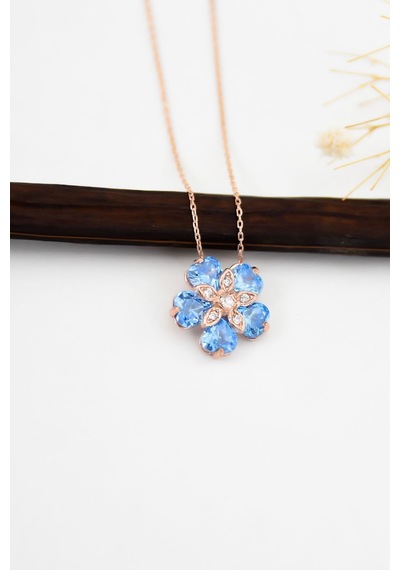 925 Ayar Doğum Taşlı Unutma Beni Çiçeği Kolye.rose.gold.rodaj Unutma Gümüş