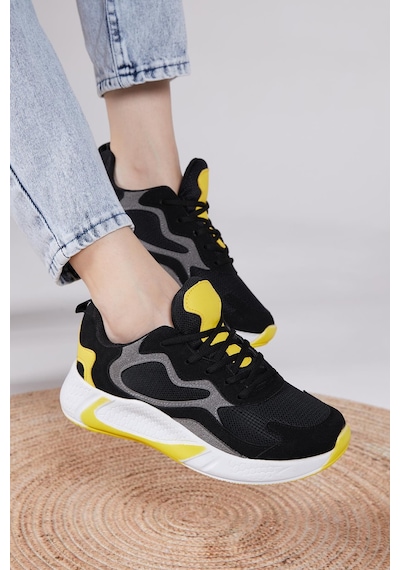 Tonny Black Rahat Kalıp Yüksek Taban Bağcıklı Unisex Siyah Sarı Spor Ayakkabı V2901-0 Siyah Sarı