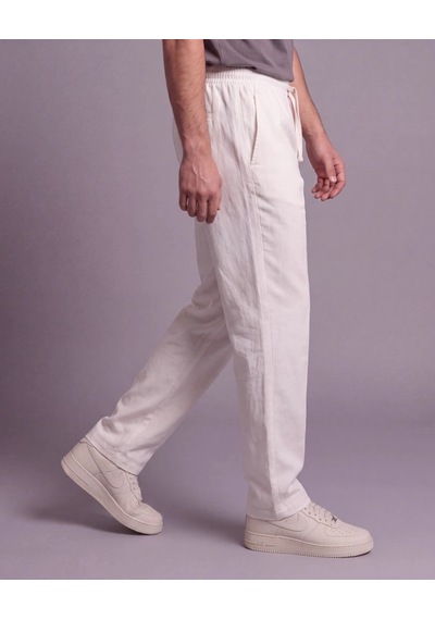 DefyModa Erkek Rahat Kalıp Keten Pantolon Beyaz