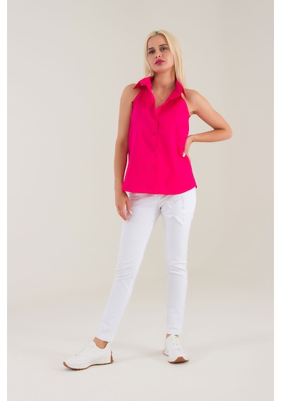 Bold & Young Kadın Fuşya Kolsuz Omuz Açık Likralı Poplin Gömlek 9208 Fuşya