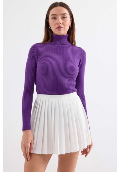 Onno Style Women Fitilli Balıkcı Yaka Basic Kazak Mor