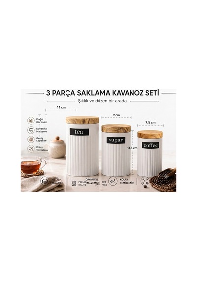 3 Parça Saklama Kavanoz Seti,bambu Kapaklı Erzak Kabı,metal Çay Kahve Şeker Mutfak Saklama Kabı-renk Seçenekli Beyaz
