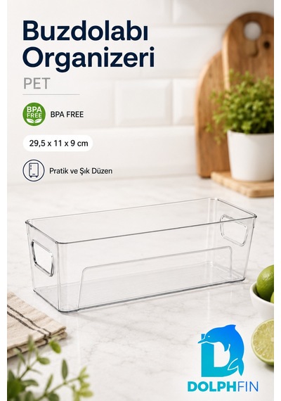 Şeffaf Pet Buzdolabı Organizeri Kulplu Düzenleyici Kutu 29,5x11x9 Cm