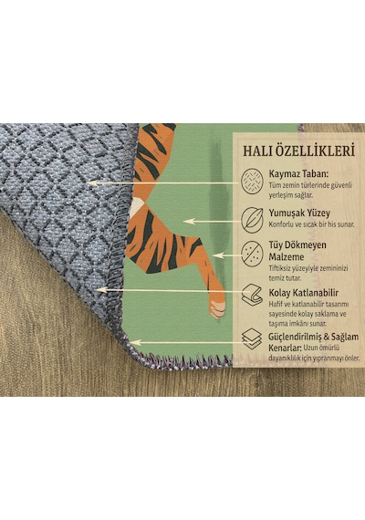 Turkıshrug Kıngdom Yeşil Zeminli Kaplan Figürlü Çocuk Odası Halısı, Kaymaz Taban, Eğlenceli Ve Dekoratif Çok Renkli