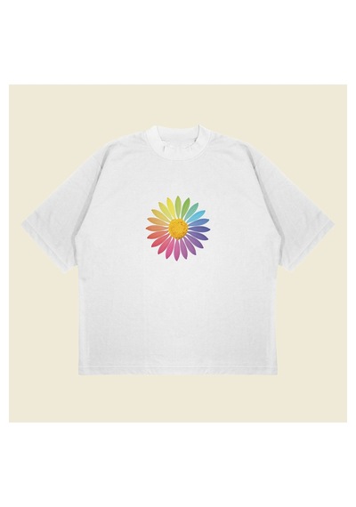 Tarzsokak Rainbow Daisy Baskılı Oversize Unisex Pamuklu Nefes Alan Kalın Kumaşlı Beyaz
