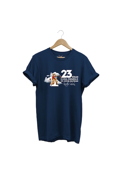 23 Nisan Çocuk Bayramı Mustafa Kemal Atatürk Baskılı %100 Pamuk Regular Fit Bisiklet Yaka T-shirt Lacivert