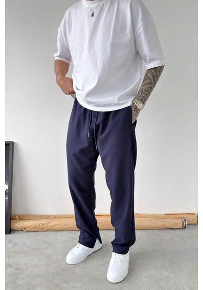 Lacivert Paçası Fermuarlı Baggy Pantolon