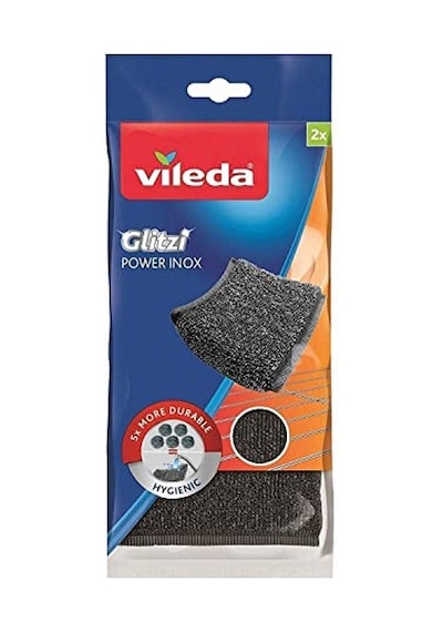 Vileda Glitzi Power Pad Inox, Ekstra Kaliteli, Pas Tutmaz, Zorlu Lekeleri Söker, 2'li Paket Açık Indigo