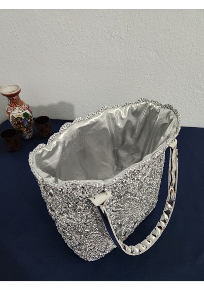 Fikriharika Design Lacebag, Metalik İp, Gümüş, Dantel, Işıltılı Kadın Omuz Çantası
