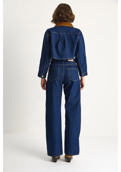 Shade Kadın Kadife Yaka Ceket Renk Bloklu Wide Leg Pantolon Denim Takım 6087 60283532 - Lacivert
