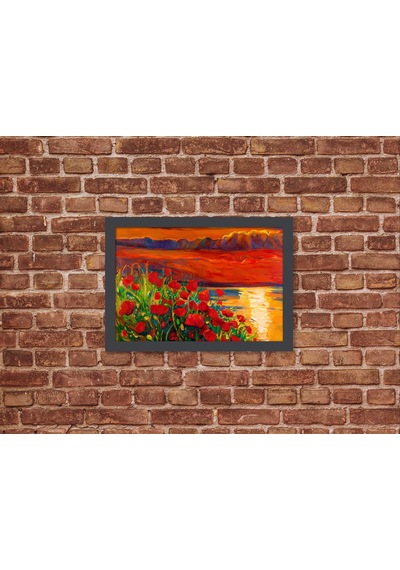 Ahşap Kendinden Çerçeveli Tablo - Yag Lı Boya Gün Batımı Kırmızı Gelincik, Standart - 20x28cm
