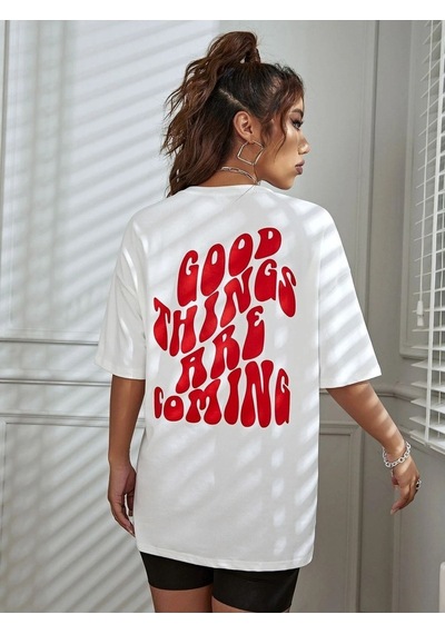 Good Things T-shirt - Beyaz Baskılı Oversize Bisiklet Yaka Kısa Kol Tişört Beyaz